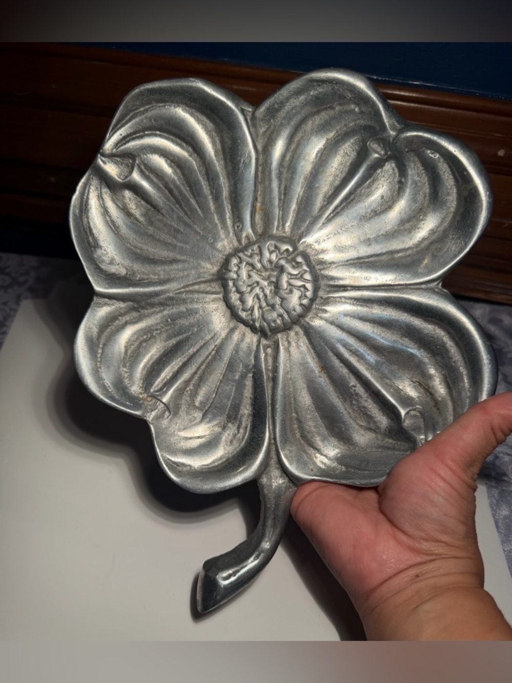 Vintage Bruce Fox cast aluminum trinket dish, dogwood flower